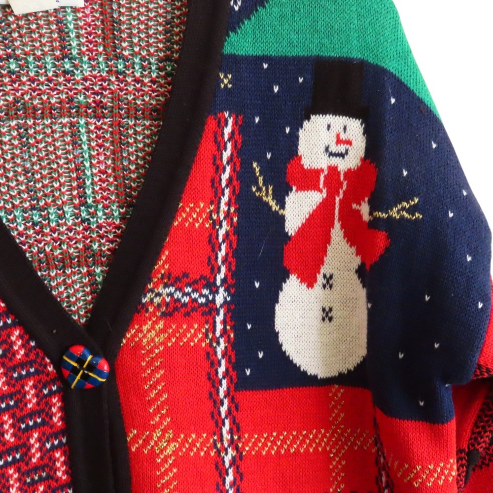 VTG SWEATER LOFT Christmas Cardigan COLORBLOCK PLAID SANTA Heart Buttons SIZE L - Picture 2 of 7